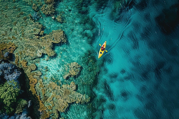 Photo aerial shot of a person kayaking in clear blue waters near a coral reef representing adventure with environmental consciousness advertise photo