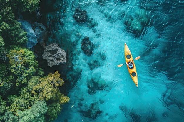 Photo aerial shot of a person kayaking in clear blue waters near a coral reef representing adventure with environmental consciousness advertise photo