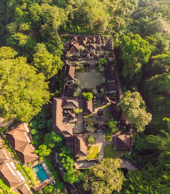 Aerial shot of the Pura Gunung Lebah temple in Ubud on the Bali island.