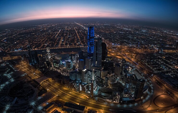 Photo aerial shot of riyadh at sunrise