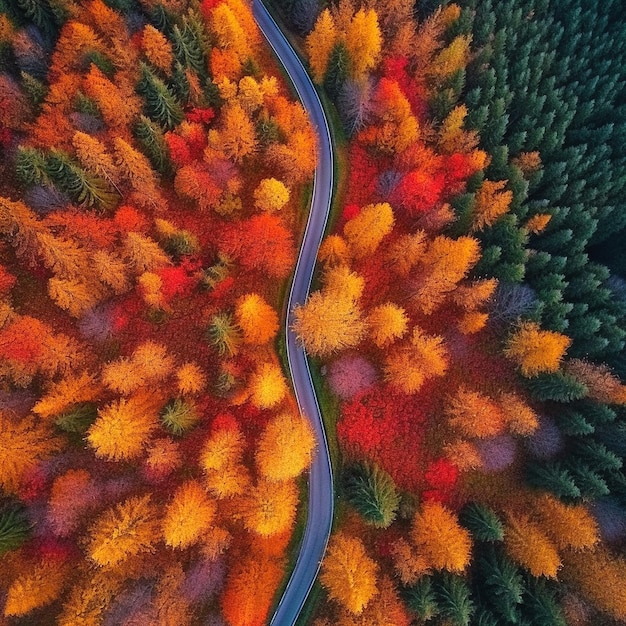 Aerial shot of a road in the fall