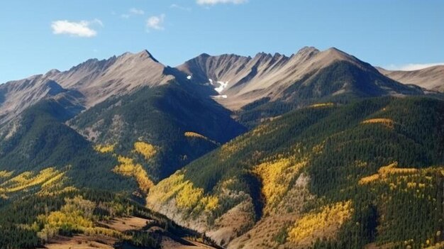 An aerial shot of the rocky big mountains and mountainsides during the autumn season