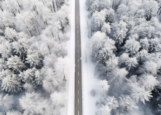 an aerial shot of snowy road in the middle of a forest