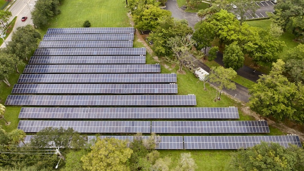 Aerial shot of solar panels in a cascade in the field in Florida