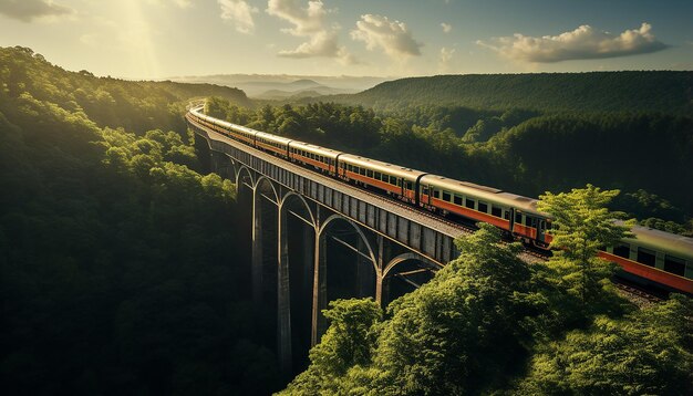 aerial shot of the train on the viaduct photography