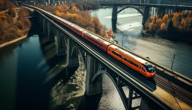 高架橋上の列車を空撮した写真