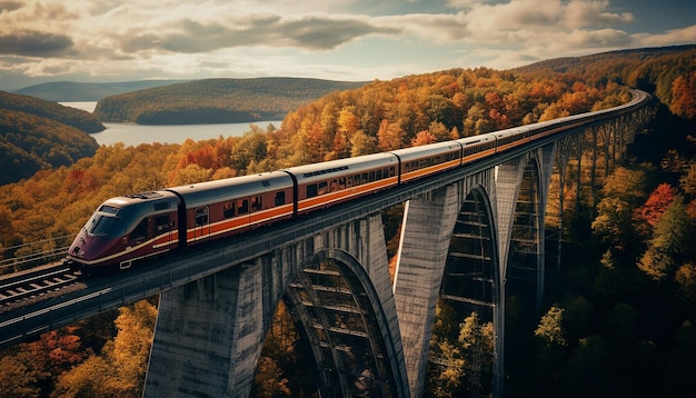 高架橋上の列車を空撮した写真