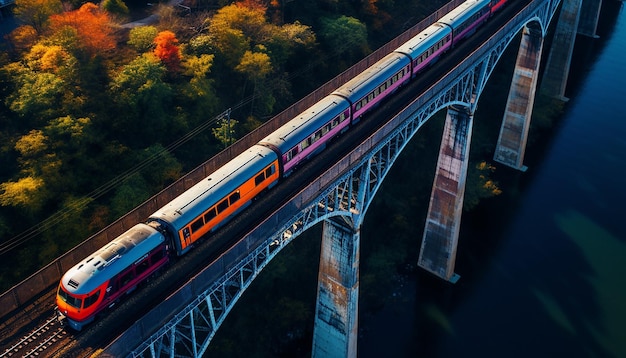 高架橋上の列車を空撮した写真