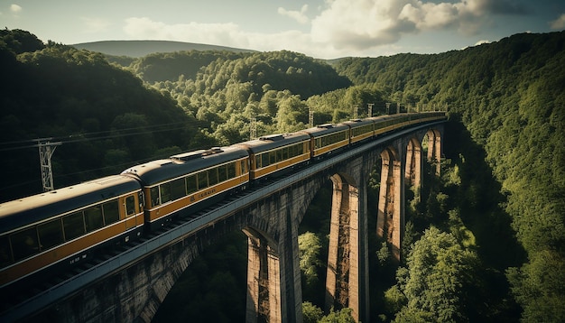 高架橋上の列車を空撮した写真