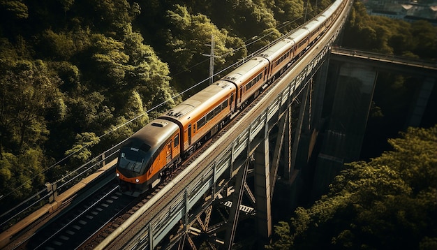 高架橋上の列車を空撮した写真