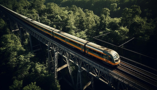 高架橋上の列車を空撮した写真