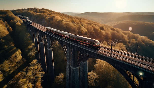 高架橋上の列車を空撮した写真