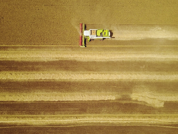 Aerial shot of yellow harvester working on wheat field.