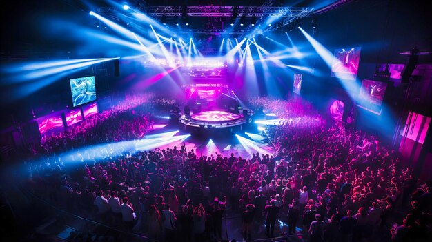 Aerial shots of sprawling neon stages illuminating vast arenas