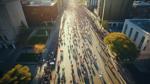 Photo aerial shots of volunteers organizing a marathon to raise funds for a charitable cause generative ai