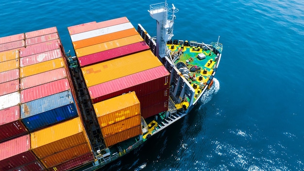 Aerial side view of cargo ship carrying container and running
for export goods from cargo yard port to custom ocean concept
technology transportation customs clearance