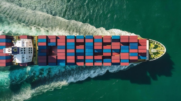 Aerial side view of cargo ship carrying container and running for export goods from cargo yard port