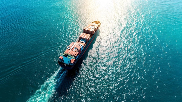 Aerial side view of cargo ship carrying containers from custom depot Concept of cargo shipping