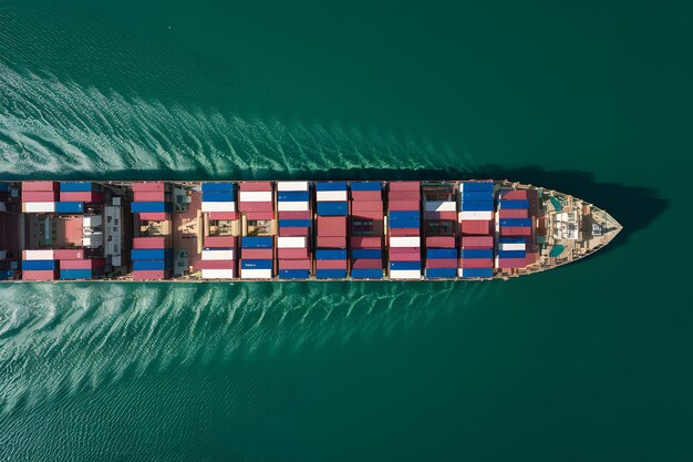 Aerial side view of cargo ship carrying containers from depot