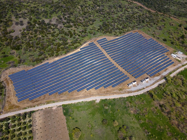 Aerial Solar Power Farm Drone View Blue Photovoltaic Solar Panel Rows