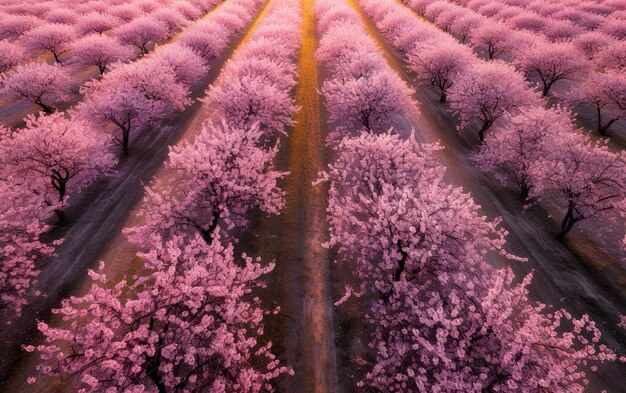 Aerial spring flowering orchard