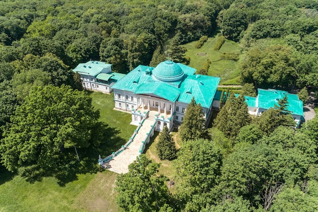 우크라이나 Sokyryntsi 마을 Chernigiv 지역의 Sokyryntsi 국립 공원에 있는 Galaganiv Palace의 공중 여름 전망
