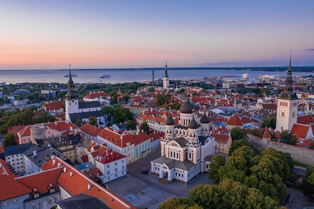 Aerial sunset view of the Alexander Nevsky Cathedral, an orthodox cathedral in the Tallinn Old Town, Estonia.