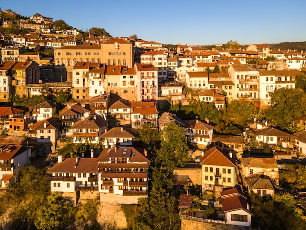 Aerial Sunset view of city of Veliko Tarnovo Bulgaria