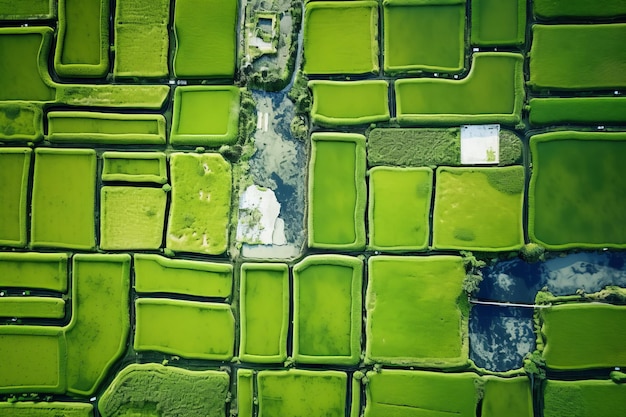 The aerial symphony exploring abstract green geometric patterns in bali rice fields