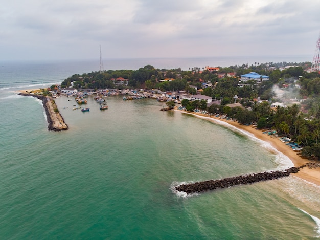 Aerial tangalle beach sri lanka bay ships