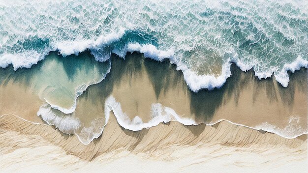 Photo aerial top bird eye view beach by watercolor brush painting in brown sand blue sea wave for backgrounds or banner generative ai.