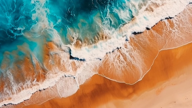 Aerial top bird eye view beach by watercolor brush painting in brown sand blue sea wave for backgrounds for banner generative ai