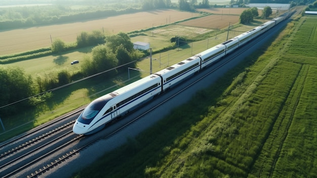 Aerial top down view of a highspeed train going fast on rails