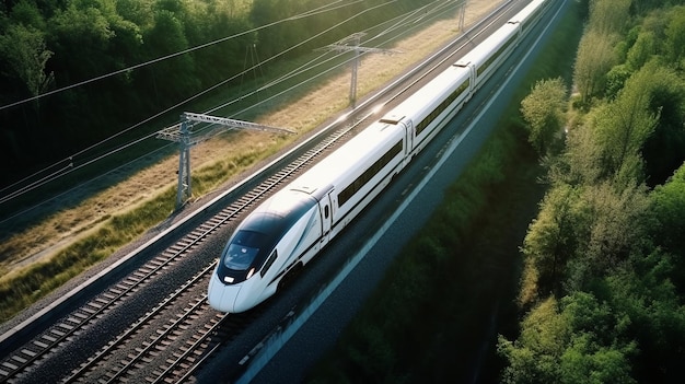 Aerial top down view of a highspeed train going fast on rails