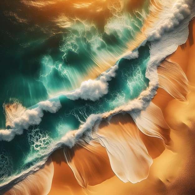 Aerial Top Down View Ocean Waves Breaking on Golden Sand Beach