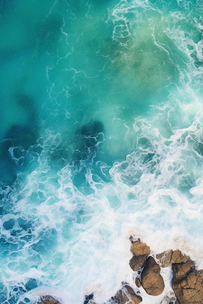 写真 ターコイズ色の海水の岩に衝突する波の空中上の下の景色