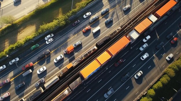 Foto vista aerea dall'alto verso il basso del traffico su un ponte automobilistico e un treno in movimento