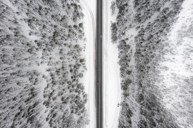 Aerial top-down winter view of a road passing through a snow-covered pine forest, Karelia, Russia