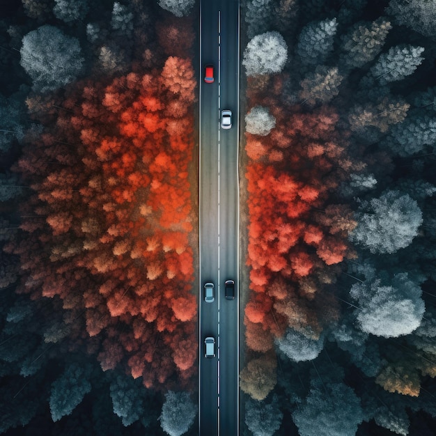 Aerial top drone view over autumn colorful forest with straight road and car Generative Ai