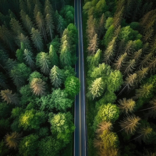 Взгляд с вершины дрона над зеленым здоровым лесом с прямой дорогой Generative Ai
