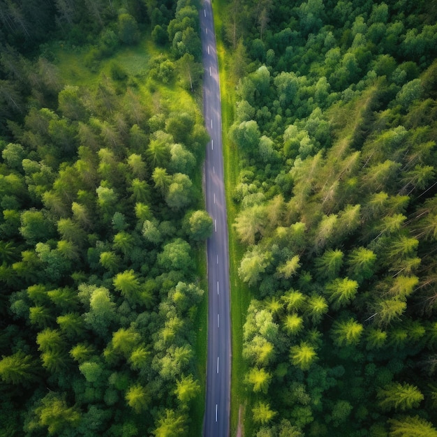 Aerial top drone view over green healthy forest with straight road Generative Ai