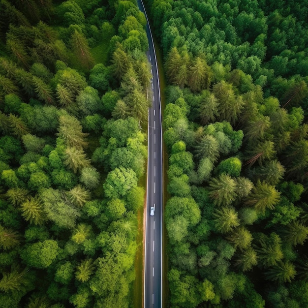 Aerial top drone view over green healthy forest with straight road Generative Ai