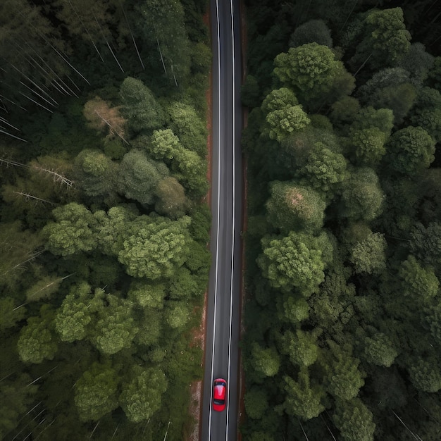 Aerial top drone view over green healthy forest with straight road and red car Generative Ai