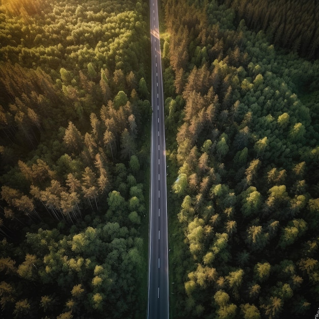 Aerial top drone view over groen gezond bos met rechte weg Generative Ai