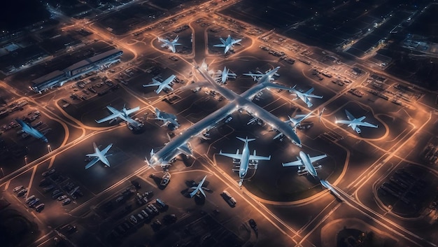 Vista aerea dall'alto sull'aeroporto con aerei parcheggiati di notte con luci trasporti e viaggi