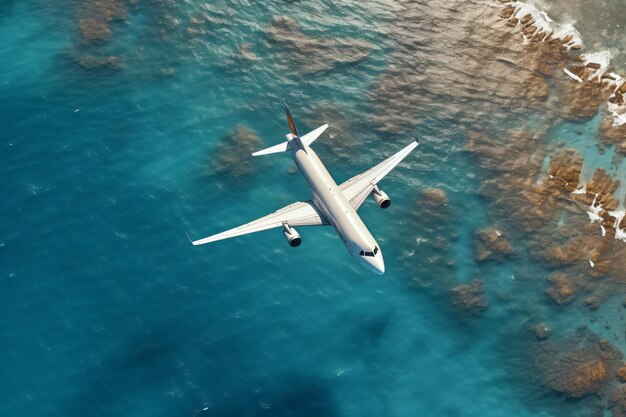 Aerial top view of airplane flies over a sea view from above