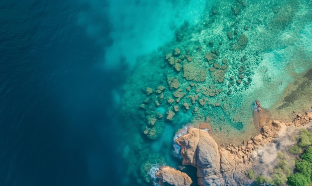 Photo aerial top view amazing beach with perfect nature green forest peaceful and rock around island