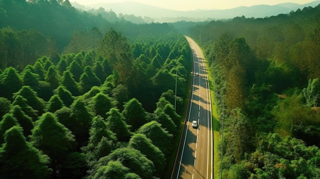 Aerial top view of asphalt road through green forest healthy rain forest environment Generative AI