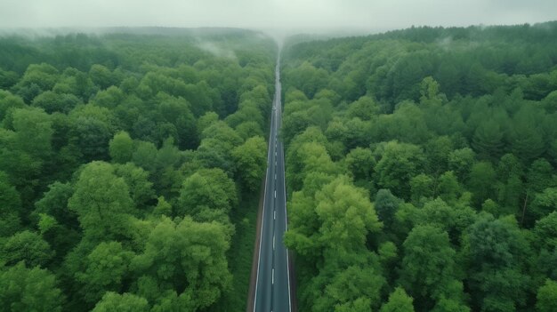 Aerial top view of asphalt road through green forest healthy rain forest Generative ai