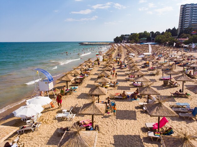 Aerial top view on the beach in Golden Sands, Zlatni Piasaci